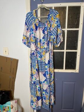 Avenue Boho Floral Print Blue & Pink Midi Dress size 22/24  NWT